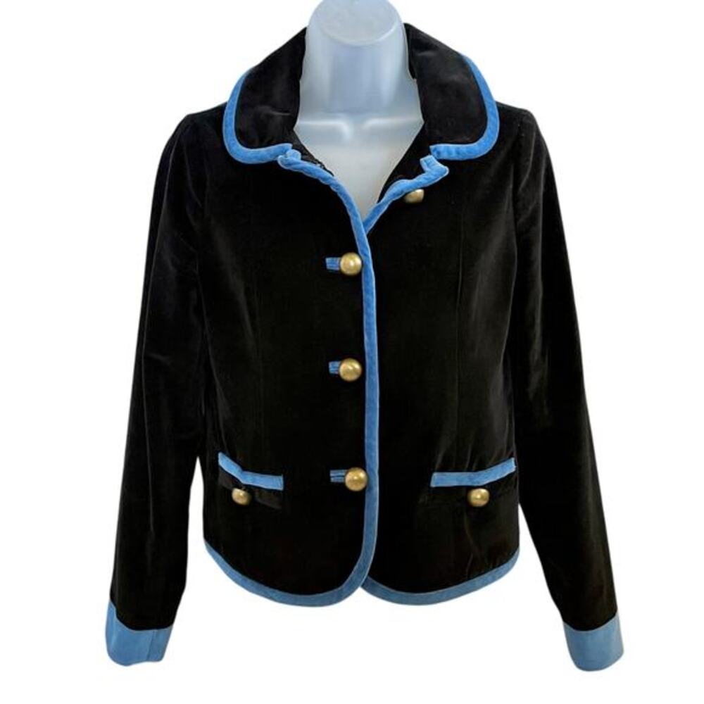 Vintage Marc by Marc Jacobs Black Velvet Blue Trim Cropped Military Jacket Sz 4